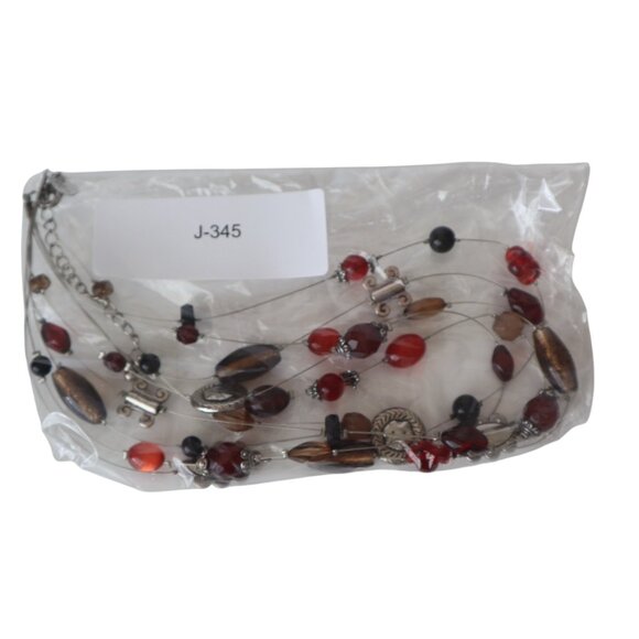 Multi-Strand Red & Brown Beaded Necklace With Silver-Tone Accents - Picture 5 of 5